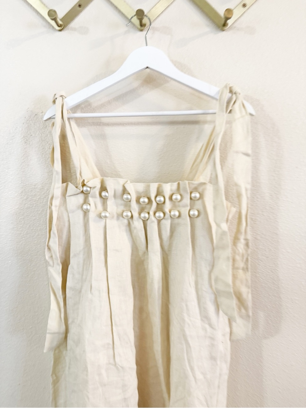Endless Rose Anthropologie Pearl Tie Strap Linen Midi Dress in Natural Ivory - Picture 12 of 13